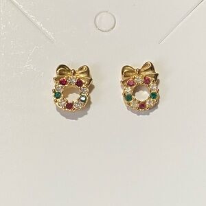 Vintage Gold Plated Gemstone Christmas Wreath Stud Earrings